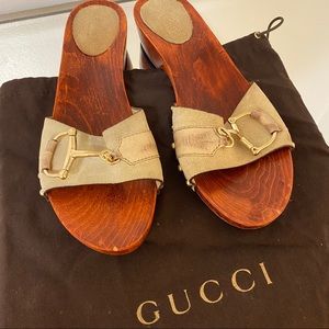 GUCCI Vintage Horsebit Suede Wooden Sandals